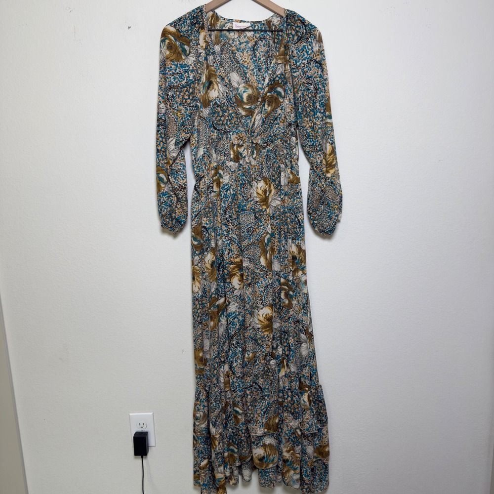Anthropologie Boemo Women Maxi Dress XLP Blue Brown Floral Smocked Waist Tiered